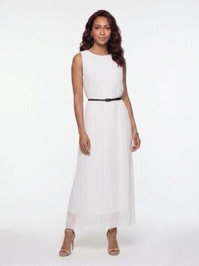 Sleeveless White Pleated Maxi Dress with Belt